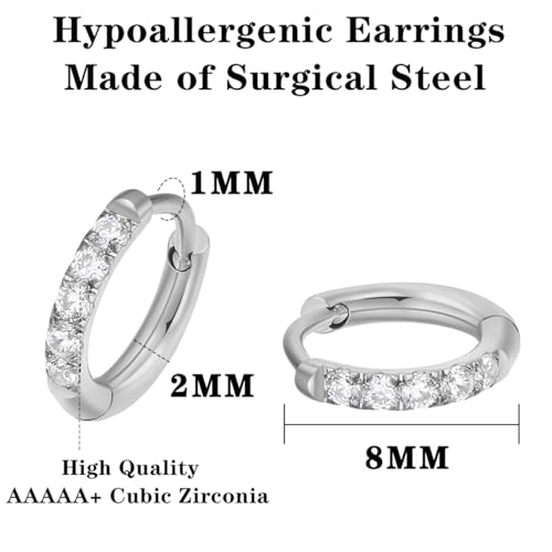 316L Surgical Steel Huggie Hoop Earrings | Dainty Pave Cubic Zirconia Cartilage Tiny Earring for Sensitive Ears Hypoallergenic Lightweight for Women Men - style: Silver,20G*8mm