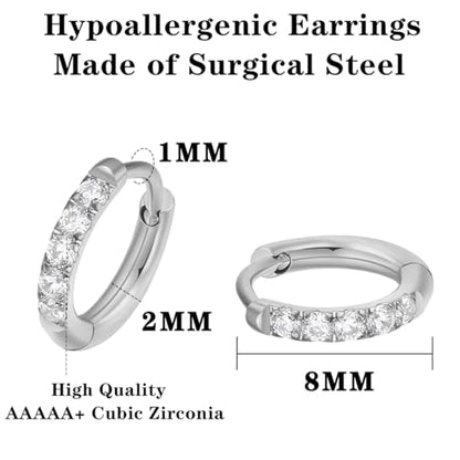 316L Surgical Steel Huggie Hoop Earrings | Dainty Pave Cubic Zirconia Cartilage Tiny Earring for Sensitive Ears Hypoallergenic Lightweight for Women Men - style: Silver,20G*8mm