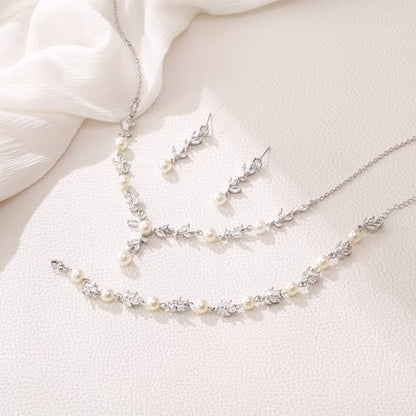 EleQueen Women's Simulated Pearl Wedding Jewelry Set for Brides | Cubic Zirconia Necklace Earrings Bracelet Set for Brides Bridesmaids, Bridal Jewelry Set for Anniversary/Memorial Day - style: Elegant Pearl Necklace Set Silver-Tone