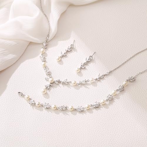 EleQueen Women's Simulated Pearl Wedding Jewelry Set for Brides | Cubic Zirconia Necklace Earrings Bracelet Set for Brides Bridesmaids, Bridal Jewelry Set for Anniversary/Memorial Day - style: Elegant Pearl Necklace Set Silver-Tone