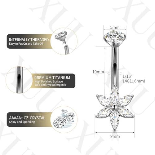 XUU Titanium Belly Button Rings 14G, Implant-Grade Navel Piercing, Luxury CZ Shape with Flower Butterfly, Hypoallergenic Curved Barbell Jewelry for Women, Gold or Silver - style: Flower-Silver