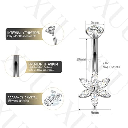 XUU Titanium Belly Button Rings 14G, Implant-Grade Navel Piercing, Luxury CZ Shape with Flower Butterfly, Hypoallergenic Curved Barbell Jewelry for Women, Gold or Silver - style: Flower-Silver