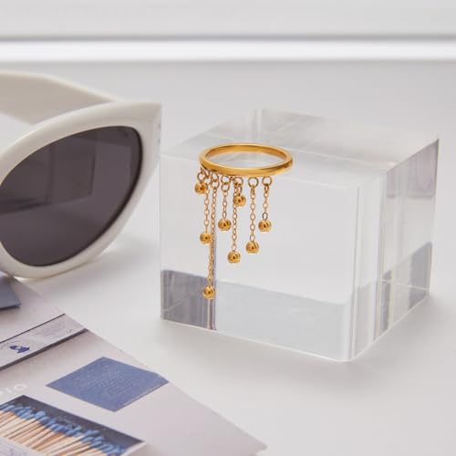 Tiny Ball Tassel Dangle Stacking Thin Band Ring for Women - 18K Golden Plated Stainless Steel Hanging Round Beads Chain Statement Knuckle Finger Rings Band Fashion Birthday Jewelry Size 7 - color: Gold