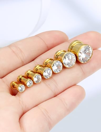 Astm F136 Titanium CZ Ear Gauges Screw Fit Flesh Tunnels Plugs Gauges Earring Expander Stretcher Ear Tunnels For Ears 10G 8G 6G 4G 2G 0G 00G Plug Earrings Body Piercing Jewelry For Women Men - color: 0G Gauges, Gold