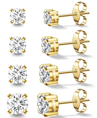 14K Gold Plated CZ Stud Earrings Set, 4 Pairs | 3/4/5/6mm round CZ studs with butterfly backs and 316L surgical steel posts for lobe, helix and ear stacks. - style: Gold-B-1