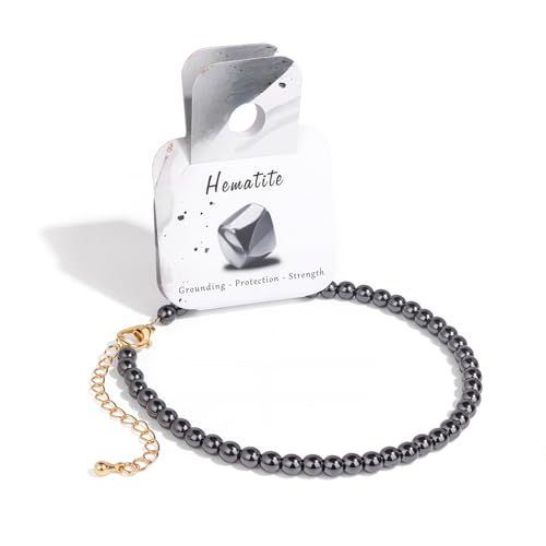 Natural Stone Beaded Anklets for Women, Handmade Boho Clear Quartz 4mm Crystal Beads Anklet, Gold Chain Adjustable Ankles Bracelet, Beach Summer Jewelry Gemstone Foot Bracelet Gift - color: Hematite