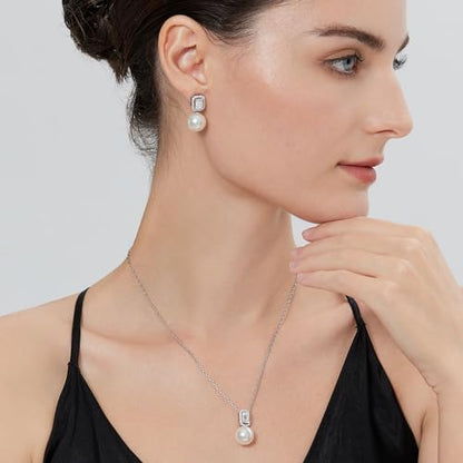 925 Sterling Silver Pearl Jewelry Set for Women, Glossy Simulated Pearl Earrings and Necklace Jewelry Set for Birthday,Wedding,Anniversary Chain 18inch, Jewelry Gift for Women