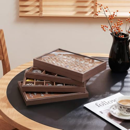 Wood Jewelry Organizer Tray, 5-Piece Set (Brown, 5Pc) | 5 Piece Jewelry Organizer Set, Large Capacity Storage, Glass Top Ring Necklace Display, Versatile Tray - size: Rings+Necklace+12Grids+24Grids+Lid
