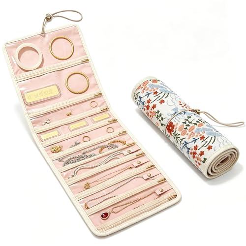 Vintage Embroidery Jewelry Roll Organizer - Portable Travel Jewelry Case with Zippered Pockets & Snap Buttons, Necklace Earring Ring Storage Holder for Women, Travel Essentials & Gift (White) - color: White