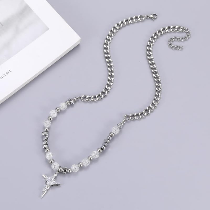 Gothic Cross Star Necklace For Men Women Silver Stainless Steel Cuban Link Paperclip Figaro Bead Chain Punk Kpop Y2k Goth Irregular Layered Cross Pendant Necklace Non Tarnish Jewelry Gift - color: Silver F