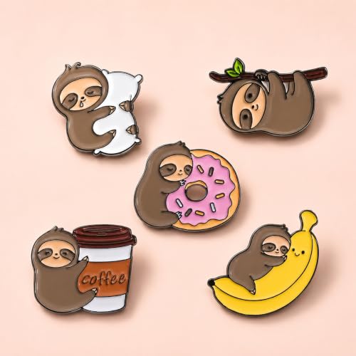 5Pcs Cute Coffee Cat Sloth Enamel Pin Set Cartoon Animal Coffee Cup Brooch Badges, Funny Lapel Pins for Backpacks, Jackets, Bags, Coffee Lover Gift - color: JH-065