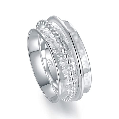 925 Sterling Silver Anxiety Ring with Beads Fidget Spinning Rings for Women Worry Beads Rings - color: hammered design C
