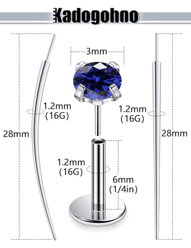 F136 Titanium 20/18/16g Internally Threaded Medusa Monroe Lip Ashley Labret Nose Rings Flat Back Tragus Helix Cartilage Conch Screw Stud Earrings Surgical Steel Piercing Jewelry for Women - color: Blue CZ, size: 16g*1/4in