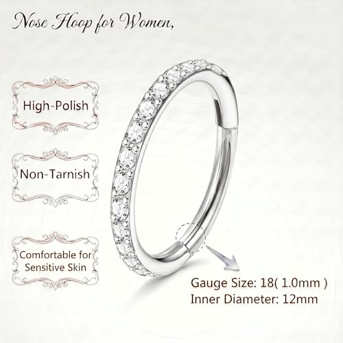 Staligue Nose Hoop ring - 316L Surgical Steel Nose Ring 16/18/20G Hinged Diamond Nose Ring Hoop Septum Clicker Rings Cartilage Earring Helix Rook Tragus Daith Piercing Jewelry for Women 6MM/8MM/10MM/12MM - color: Silver, size: 18G-12MM