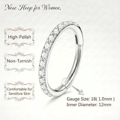 Staligue Nose Hoop ring - 316L Surgical Steel Nose Ring 16/18/20G Hinged Diamond Nose Ring Hoop Septum Clicker Rings Cartilage Earring Helix Rook Tragus Daith Piercing Jewelry for Women 6MM/8MM/10MM/12MM - color: Silver, size: 18G-12MM