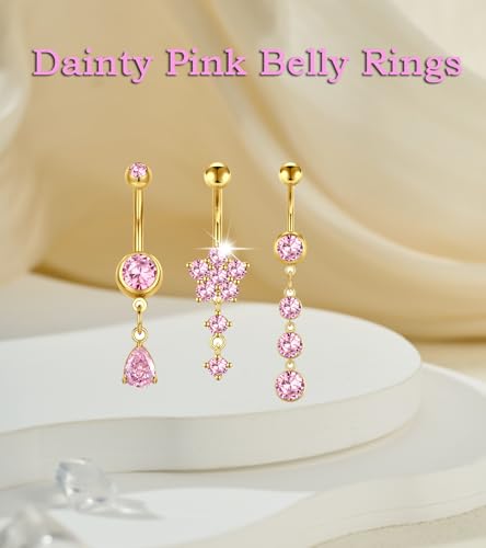 MODRSA Dangle Belly Button Ring Dangling Silver Gold Dangly Belly Piercing Jewelry Hypoallergenic Surgical Steel Butterfly Flower Navel Rings for Women Clicker Navel Piercings Pink - color: C2-Dangle 3pcs -gold pink