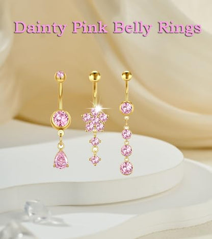MODRSA Dangle Belly Button Ring Dangling Silver Gold Dangly Belly Piercing Jewelry Hypoallergenic Surgical Steel Butterfly Flower Navel Rings for Women Clicker Navel Piercings Pink - color: C2-Dangle 3pcs -gold pink