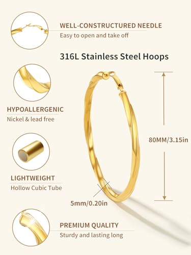 FindChic Twisted Hoop Earrings for Women, Silver/Black/14K Gold Plated Hypoallergenic Hollow Tube Rounded Loop Earrings, 30mm/40mm/60mm/80mm Hoops with Custom Name Options and Gift Box - color: c.Gold, size: 80MM