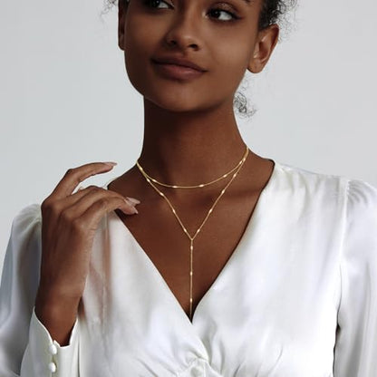HERIER Lariat Gold Necklace for Women, Dainty Long Necklace 14k Gold Plated/Silver Y-Shaped Layered Beaded Chain Drop Necklaces for Women Trendy Simple Gold Jewelry for Women Gifts - color: Y Layered Bar-Gold
