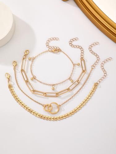 Alegend 14K Gold Plated Stackable Multilayer Bracelets + Titanium Steel(Not Rust, Resist Corruption, Easily Clean) 18K Gold Plated Single Bracelets - color: 14K Gold + 4PCS C