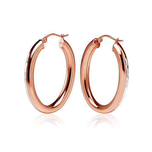 Hoops & Loops 925 Sterling Silver 4mm Thick Oval Diamond-Cut Hoop Earrings, 25mm 30mm, Silver, Yellow Gold, Rose Gold & Black - color: Rose Gold 25mm-1''
