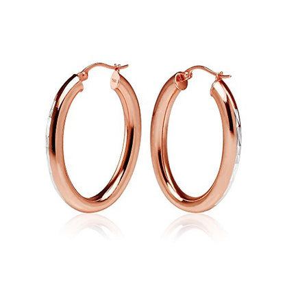 Hoops & Loops 925 Sterling Silver 4mm Thick Oval Diamond-Cut Hoop Earrings, 25mm 30mm, Silver, Yellow Gold, Rose Gold & Black - color: Rose Gold 25mm-1''