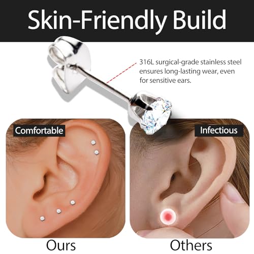 10 Pairs Small Stud Earrings for Women – Hypoallergenic Stainless Steel Tiny Earrings for Sensitive Ears, Cubic Zirconia Simulated Diamond Stud Earrings - style: 2/3/4mm-12 pairs-silver