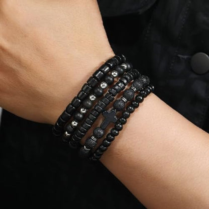 Mens Beaded Bracelets Tribal Wooden Elastic Adjustable Prayer Beads Wrap Cuff for Women - color: B: 5pcs-black