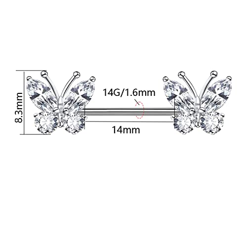 VERAMI 14G Stainless Steel Heart Nipple Rings and Barbell - Butterfly, Starlight Acrylic Ball, Tongue Rings for Women and Men - color: CZ-BUTTERFLY