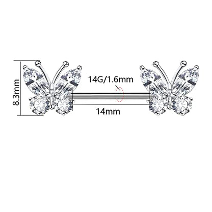 VERAMI 14G Stainless Steel Heart Nipple Rings and Barbell - Butterfly, Starlight Acrylic Ball, Tongue Rings for Women and Men - color: CZ-BUTTERFLY
