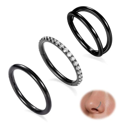 GAGABODY 2 Pcs Nose Rings 22G 20G 18G 16G 14G 12G 10G 8G Surgical Steel Piercing Rings for Nose Septum Cartilage Helix Tragus Conch Rook Daith Lobe from 5mm to 16mm Seamless Hoop Unisex Hinged Earrings - color: Black-Single&Double&CZ Hoop