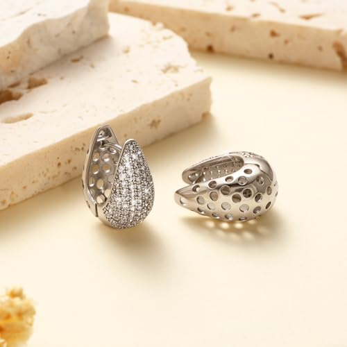 CZ Huggie Hoop Earrings for Women | Sparkly Cubic Zirconia, Small Hoop, Lightweight, Everyday Fashion Jewelry - color: Teardrop Pave CZ - Silver