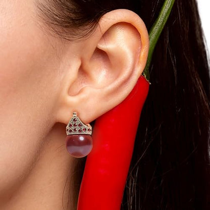 Glass Pearl Earrings Crystal Accent Crown Shape for Wedding, Bridal, Formal & Fashion - color: Deep Red