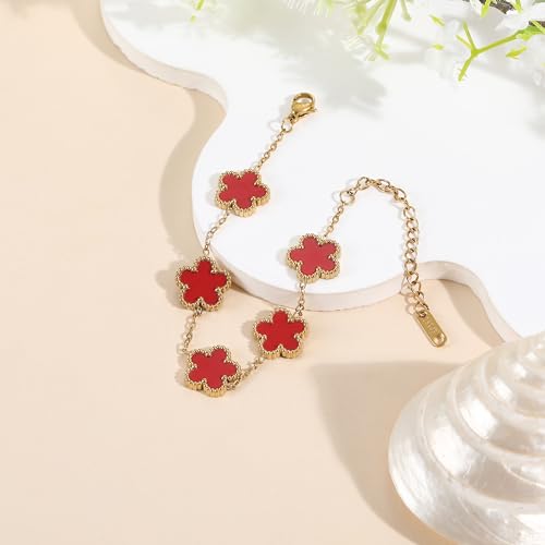 TICVSS Four Leaf Clover Bracelet for Women 18K Gold Plated Stainless Steel Lucky 4 Leaf Gold Link Bracelet Jewelry Gift for Women - color: Red