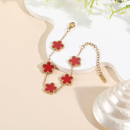 TICVSS Four Leaf Clover Bracelet for Women 18K Gold Plated Stainless Steel Lucky 4 Leaf Gold Link Bracelet Jewelry Gift for Women - color: Red