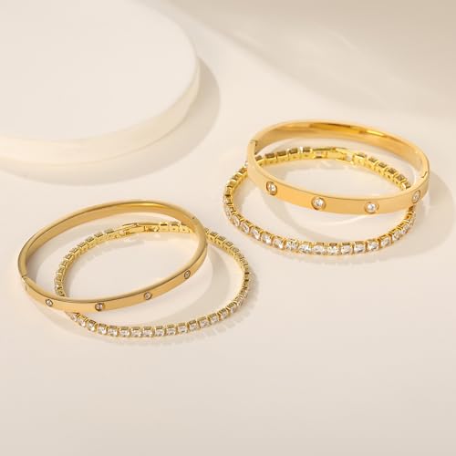 18K Gold Plated Dainty Tennis Bracelets Set 4mm/6mm Love Bangle Bracelets with 3mm/4mm Cubic Zirconia Classic Tennis Bracelet| Gold Bracelets for Women | Size 6.5/7/7.5 Inch - color: 3mm&4mm Gold Tennis Bangle, size: 7 Inches