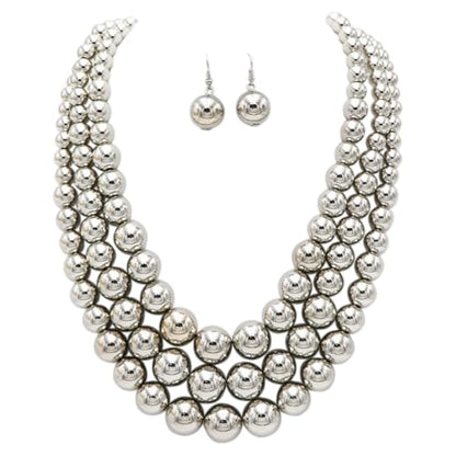 Rosemarie & Jubalee Women's 3 Colorful Multi Strands Simulated Pearl Necklace And Earrings Jewelry Gift Set, 18"+3" Extender - color: Polished Silver Tone