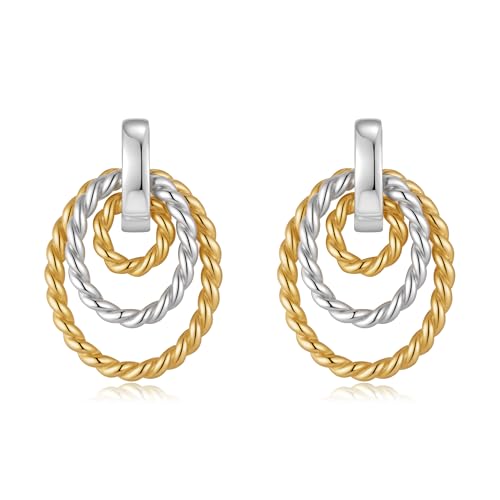 Antique Gold Hammered Disc Drop Earrings Boho Earrings with Two Tone Jewelry Gift - color: EH22701A