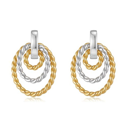 Antique Gold Hammered Disc Drop Earrings Boho Earrings with Two Tone Jewelry Gift - color: EH22701A