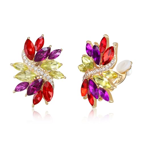 EVER FAITH Sparkly Rhinestone Clip-on Earrings for Women Bride, Fashion Marquise Crystal Cluster Wedding Bridal Stud Earring for Prom Formal Party - color: Multicolor Gold-Tone