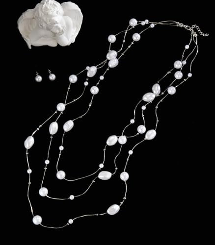 Errally Long Pearl Necklace and Earring Set Layered Pearl Beaded Necklaces for Women White Costume Jewelry Sets Gifts for Mom - color: Faceted Oval