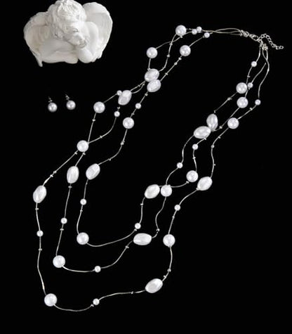 Errally Long Pearl Necklace and Earring Set Layered Pearl Beaded Necklaces for Women White Costume Jewelry Sets Gifts for Mom - color: Faceted Oval
