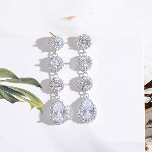 Women's Cubic Zirconia Bridal Earrings - Elegant Long Wedding Party Prom Earring for Bride Bridesmaids Crystal CZ Rhinestone Chandelier Statement Dangle Drop Earrings for girls - color: Clear-silver