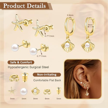 14K Gold Hoop Dangle Stud Earrings Surgical Steel Helix Piercing | Hypoallergenic,Cubic Zirconia,3 Pairs Huggie Hoop Set for Women,Dangle Stud,Cartilage Tragus Conch Earring,Jewelry Gift - color: B3-Gold Shell & Pearl Earrings
