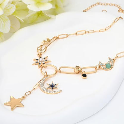 Charm Necklace for Women Gold Evil Eye Sun Moon Flower Coin Pendant Necklace Dainty Paperclip Chain Vintage Luck Amulet Choker Necklaces Celestial Jewelry Gift - style: Celestial Charms
