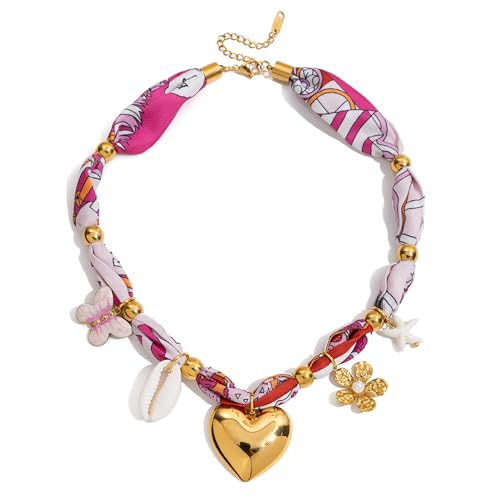 Boho Scarf Choker Necklace for Women Summer Beach Jewelry Gifts | Hypoallergenic, Waterproof, Multiple Charm Pendants, Great for Festivals, Swimming & Beach Vacations, Colorful Printed Fabric - color: Pink