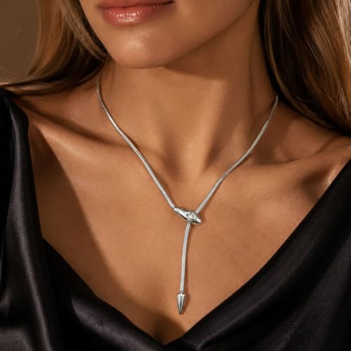 Snake Chain Lariat Necklace for Women Gift Fashion Accessory Y Necklace Slider Bead Drop Pendant Gold Tone or Silver Tone - color: A2：silver