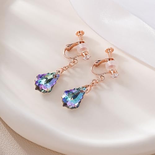 Austrian Crystal Baroque Drop Clip On Dangle Earrings for Women Non Pierced 14K Rose Gold Plated Hypoallergenic Jewelry - color: Vitrail Light