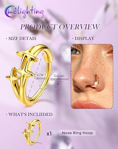 Melighting 20G Gold Nose Ring Hoop Stainless Steel 316L, 8 mm Star Nose Piercing Jewelry Silver Clicker, Beach Party Cartilage Lobe Earring for Daily Wear Women - color: Gold