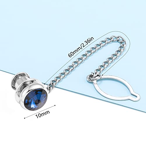 Tie Pins for Men Silver Tie Pins with Chain, Tie Tack Pins Brooch Personalized Wedding Business Gifts - color: Blue crystal